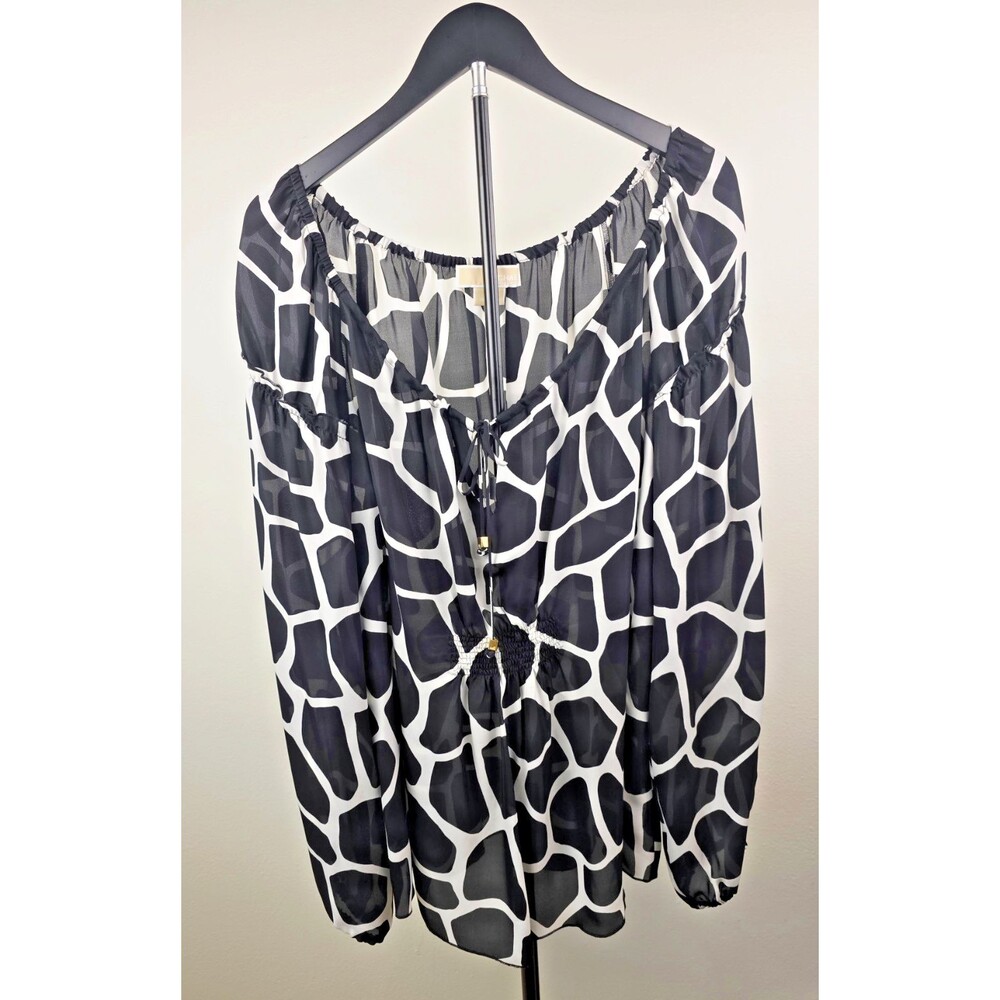 MICHAEL Michael Kors Black/White Silk Blouse Sheer Giraffe Print Peasant Top 1X
